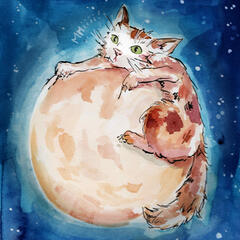 Painting of a cat slipping off the moon